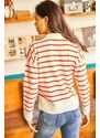 Olalook Women's Orange Polo Neck Striped Knitwear Blouse