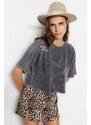 Trendyol Anthracite 100% Cotton Faded Effect Printed Crop Crew Neck Knitted T-Shirt