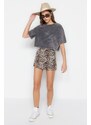 Trendyol Anthracite 100% Cotton Faded Effect Printed Crop Crew Neck Knitted T-Shirt