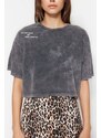 Trendyol Anthracite 100% Cotton Faded Effect Printed Crop Crew Neck Knitted T-Shirt