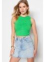 Trendyol Green Shirred Detail Fitted/Simple Crop Crew Neck Stretchy Cotton Knitted Blouse