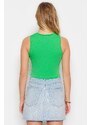 Trendyol Green Shirred Detail Fitted/Simple Crop Crew Neck Stretchy Cotton Knitted Blouse