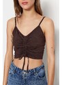 Trendyol Brown Knitted Blouse with Shirring Detail, Fitted/Skinned V-Neck and Crop