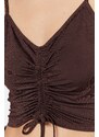 Trendyol Brown Knitted Blouse with Shirring Detail, Fitted/Skinned V-Neck and Crop