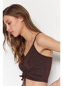 Trendyol Brown Knitted Blouse with Shirring Detail, Fitted/Skinned V-Neck and Crop