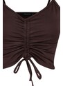 Trendyol Brown Knitted Blouse with Shirring Detail, Fitted/Skinned V-Neck and Crop