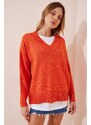 Happiness İstanbul Women's Orange V-Neck Oversize Knitwear Sweater