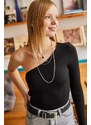 Olalook Women's Black One-Shoulder Above Waist Crop Knitwear Blouse