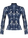 Trendyol Navy Blue Printed Fitted/Situated High Neck Long Sleeve Crepe/Textured Knitted Blouse