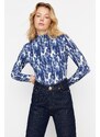 Trendyol Navy Blue Printed Fitted/Situated High Neck Long Sleeve Crepe/Textured Knitted Blouse