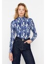 Trendyol Navy Blue Printed Fitted/Situated High Neck Long Sleeve Crepe/Textured Knitted Blouse