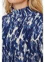 Trendyol Navy Blue Printed Fitted/Situated High Neck Long Sleeve Crepe/Textured Knitted Blouse