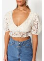 Trendyol Ecru Crop Knitted Balloon Sleeve Blouse