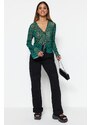 Trendyol Green Animal Patterned Lace-up Detailed Tulle Stretch Knitted Blouse