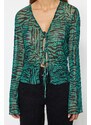 Trendyol Green Animal Patterned Lace-up Detailed Tulle Stretch Knitted Blouse