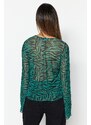 Trendyol Green Animal Patterned Lace-up Detailed Tulle Stretch Knitted Blouse