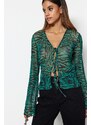 Trendyol Green Animal Patterned Lace-up Detailed Tulle Stretch Knitted Blouse