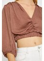 Koton Satin-Look Crop Top V-Neck Balloon Sleeves