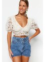 Trendyol Ecru Crop Knitted Balloon Sleeve Blouse