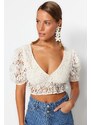 Trendyol Ecru Crop Knitted Balloon Sleeve Blouse