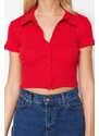 Trendyol Red Button Detail Fitted/Situated Crop Polo Neck Ribbed Stretch Knit Blouse