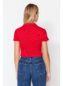 Trendyol Red Button Detail Fitted/Situated Crop Polo Neck Ribbed Stretch Knit Blouse