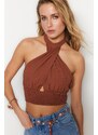 Trendyol Brown Crop Woven Cut Out/Window Blouse