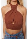 Trendyol Brown Crop Woven Cut Out/Window Blouse