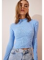 Happiness İstanbul Women's Sky Blue Ribbed Turtleneck Crop Knitted Blouse