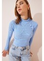 Happiness İstanbul Women's Sky Blue Ribbed Turtleneck Crop Knitted Blouse