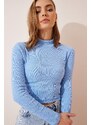 Happiness İstanbul Women's Sky Blue Ribbed Turtleneck Crop Knitted Blouse