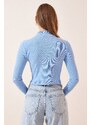 Happiness İstanbul Women's Sky Blue Ribbed Turtleneck Crop Knitted Blouse