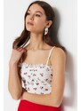 Trendyol White Floral Printed Strap Fitted/Simple Waffle Fabric Super Crop Knitted Blouse