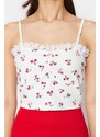 Trendyol White Floral Printed Strap Fitted/Simple Waffle Fabric Super Crop Knitted Blouse