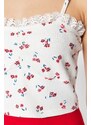 Trendyol White Floral Printed Strap Fitted/Simple Waffle Fabric Super Crop Knitted Blouse