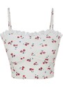 Trendyol White Floral Printed Strap Fitted/Simple Waffle Fabric Super Crop Knitted Blouse