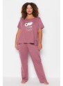 Trendyol Curve Burgundy Printed Short Sleeve Knitted Pajamas Set