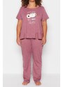 Trendyol Curve Burgundy Printed Short Sleeve Knitted Pajamas Set