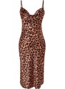 Trendyol hnědý rovný střih satén midi vazba leopardí vzor popruhy s volným límečkem šaty