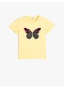 Koton T-Shirt Crew Neck Short Sleeve Butterfly Sequin Embroidered Cotton