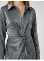 Koton Jacquard Knotted Front Mini Dress Long Sleeves Shirt Collar