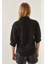 Olalook Women's Black Wooden Buttoned Three Quarter Sleeve Linen Shirt