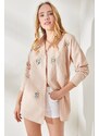 Olalook Women's Beige Eyes Sequin Detailed Woven Boyfriend Shirt