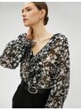 Koton Chiffon Blouse with Floral Rims V-Neck