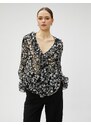 Koton Chiffon Blouse with Floral Rims V-Neck