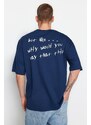 Trendyol Indigo Oversize/Wide-Fit Text Printed Short Sleeve 100% Cotton T-Shirt