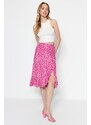 Trendyol Fuchsia Printed High-waist Midi, Elastic Knitted Skirt with Ruffles and Ruffle Details