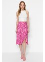 Trendyol Fuchsia Printed High-waist Midi, Elastic Knitted Skirt with Ruffles and Ruffle Details