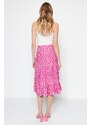 Trendyol Fuchsia Printed High-waist Midi, Elastic Knitted Skirt with Ruffles and Ruffle Details