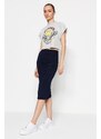 Trendyol Navy Blue Shirred Detail Fitted/Simple High Waist Midi Pencil Stretch Knitted Skirt